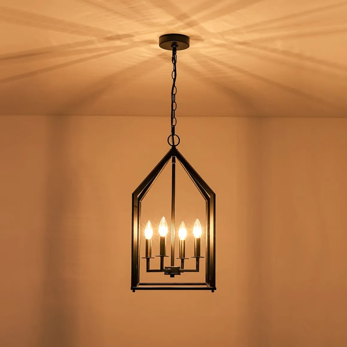 4-light Farmhouse Candle Style Black Lantern Pendant Light