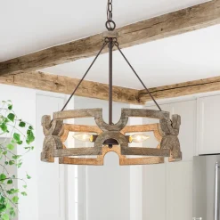 3-Light Farmhouse Open Aged Wood Drum Pendant Light