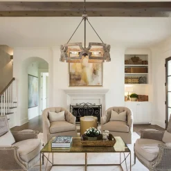 3-Light Farmhouse Open Aged Wood Drum Pendant Light