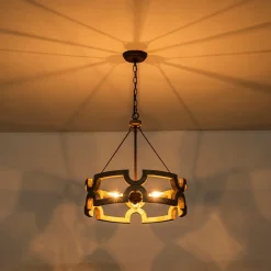 3-Light Farmhouse Open Aged Wood Drum Pendant Light