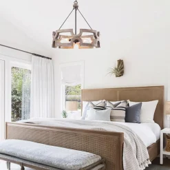 3-Light Farmhouse Open Aged Wood Drum Pendant Light