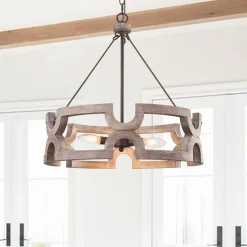 3-Light Farmhouse Open Aged Wood Drum Pendant Light