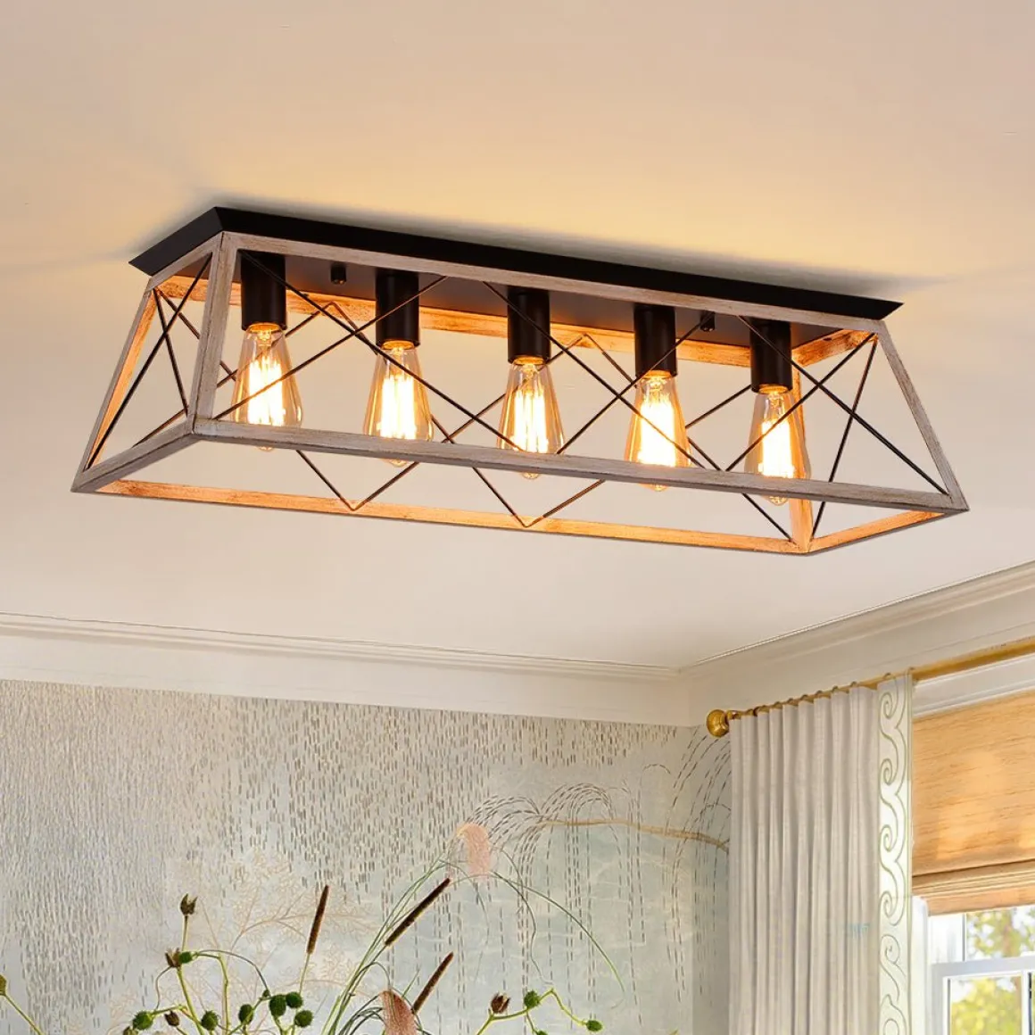 5-Light Farmhouse Rectangular Cage Semi Flush Mount