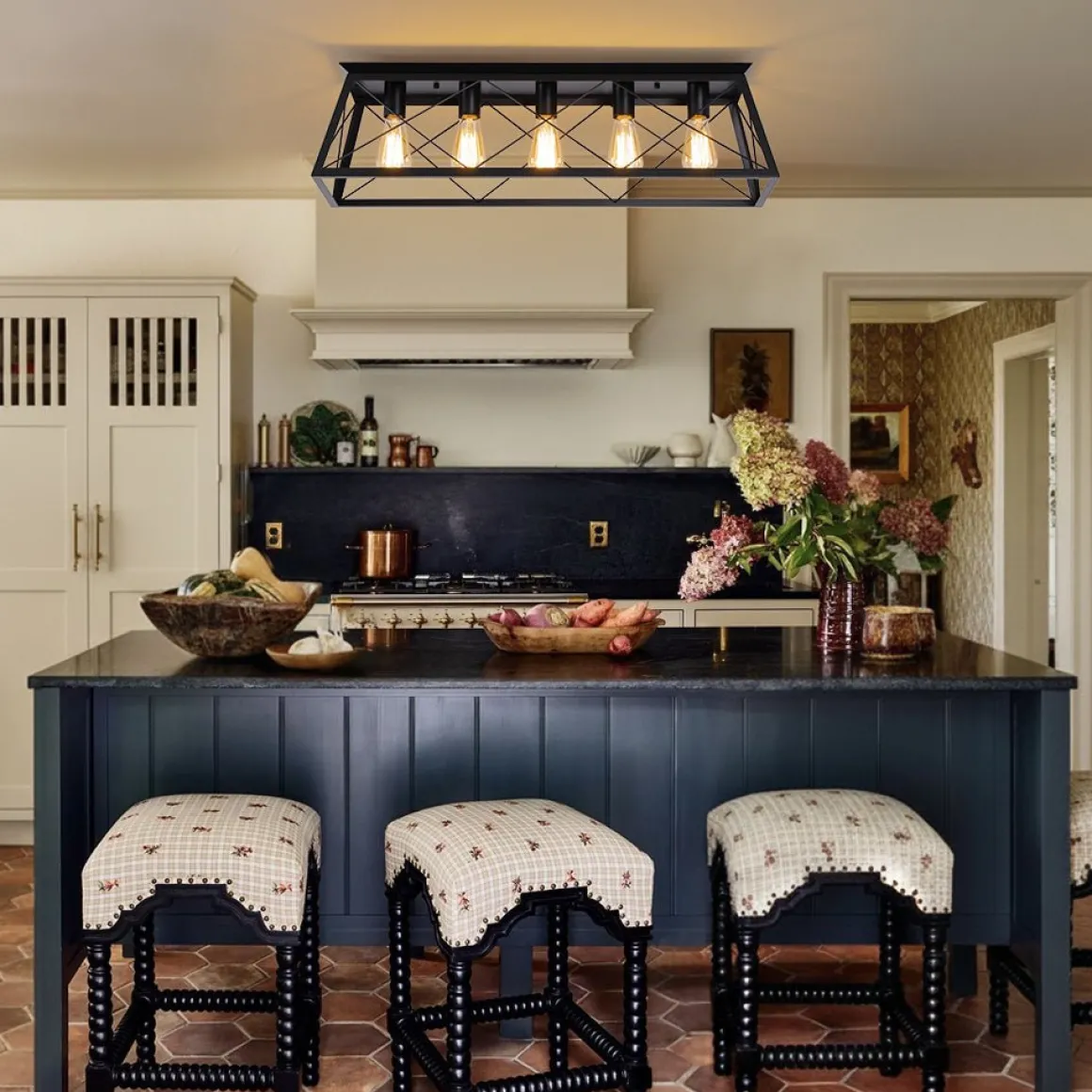5-Light Farmhouse Rectangular Cage Semi Flush Mount