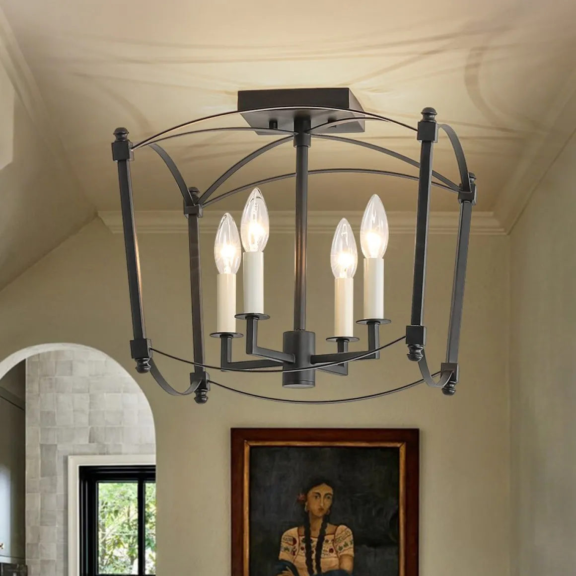 4-light French Antique Candle Style Lantern Semi Flush