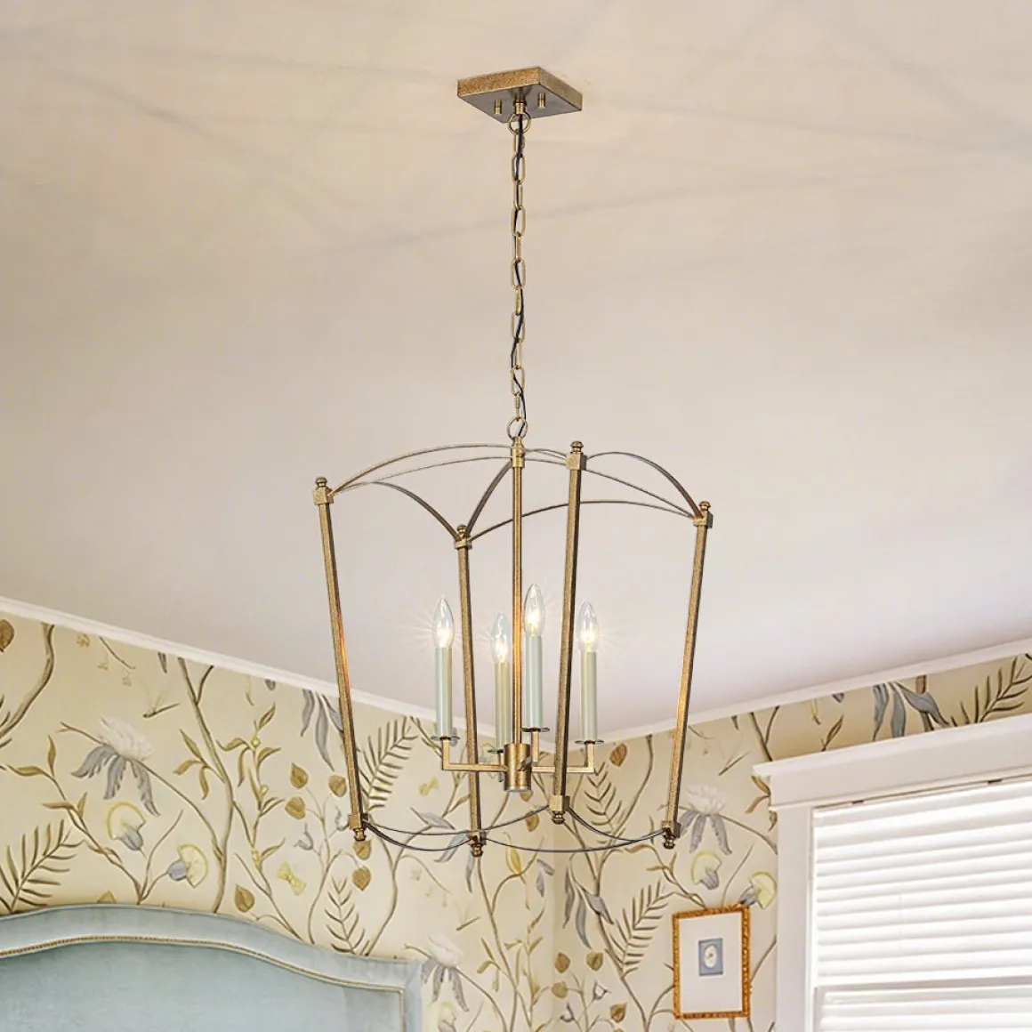 4-light French Antique Gold Candle Square Lantern Chandelier
