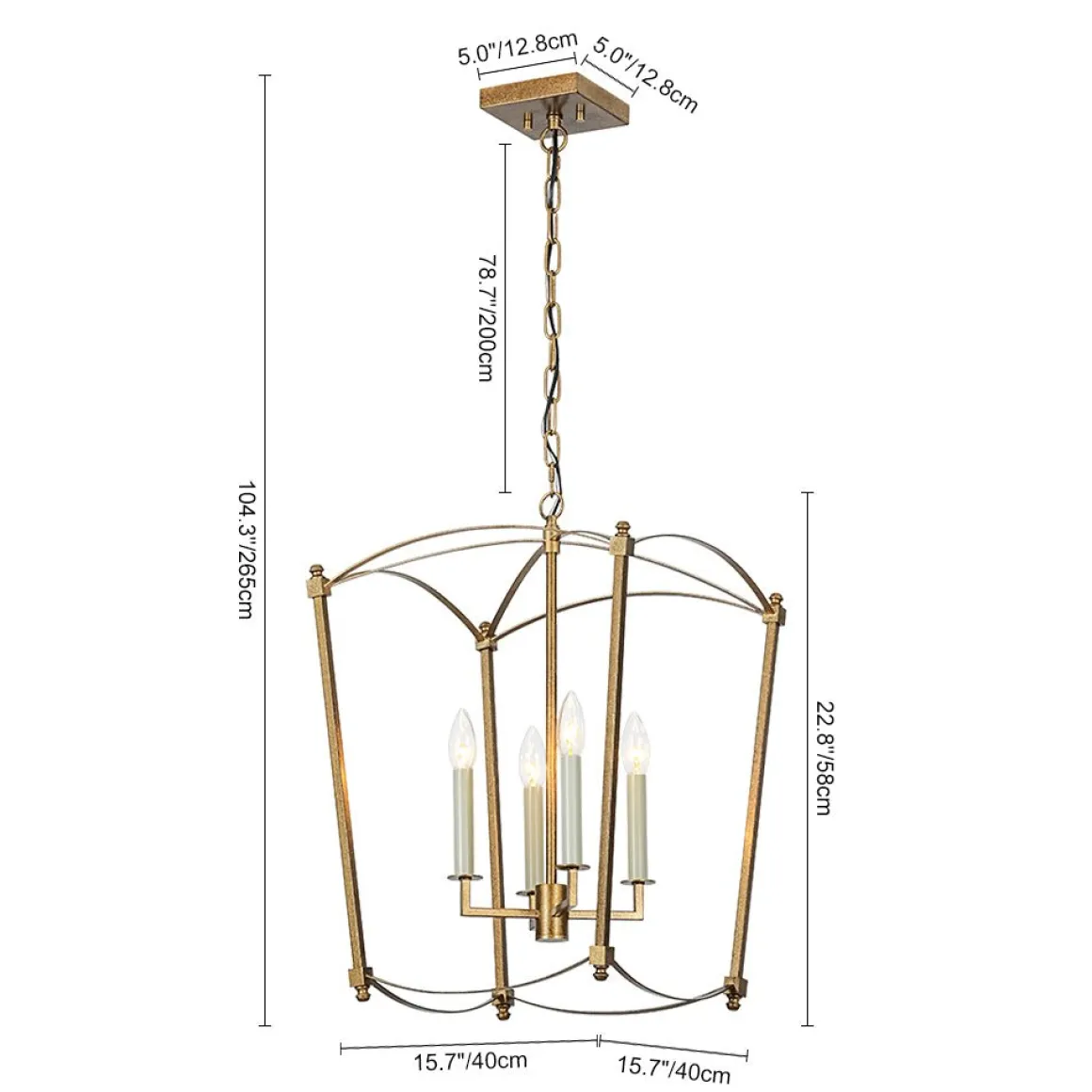 4-light French Antique Gold Candle Square Lantern Chandelier