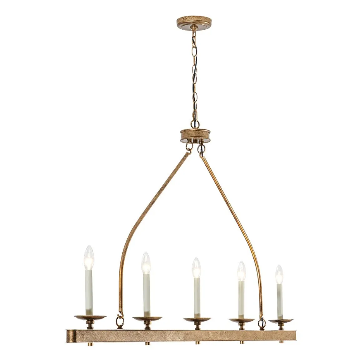 5-Light French Distressed Gold Candle Linear Island Chandelier