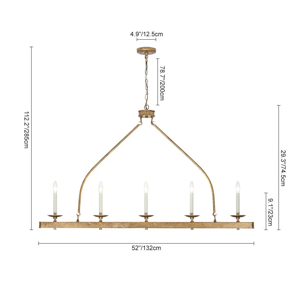 5-Light French Distressed Gold Candle Linear Island Chandelier