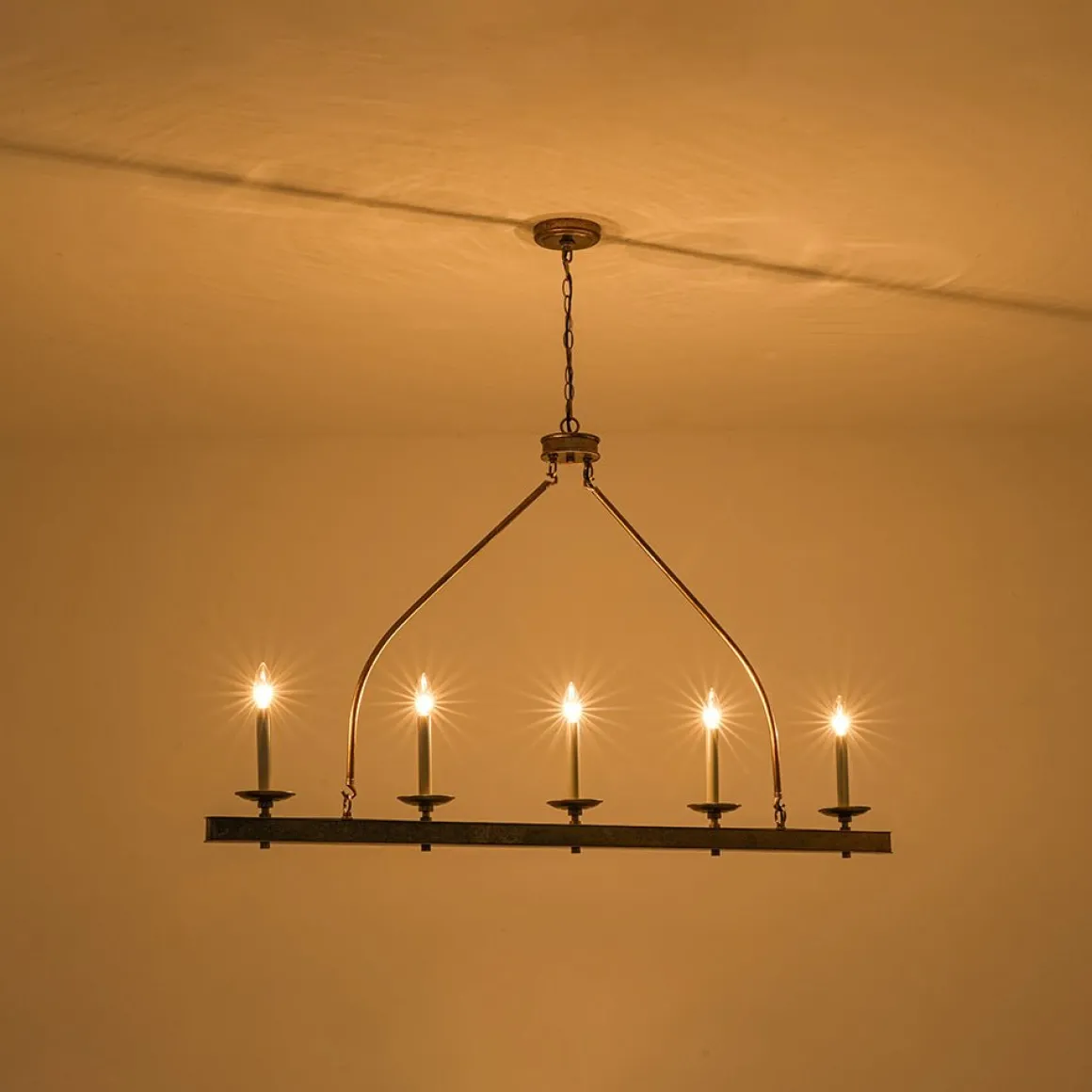 5-Light French Distressed Gold Candle Linear Island Chandelier