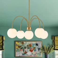 5-Light Goose Arm Opal Glass Globe Round Sputnik Chandelier