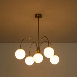 5-Light Goose Arm Opal Glass Globe Round Sputnik Chandelier