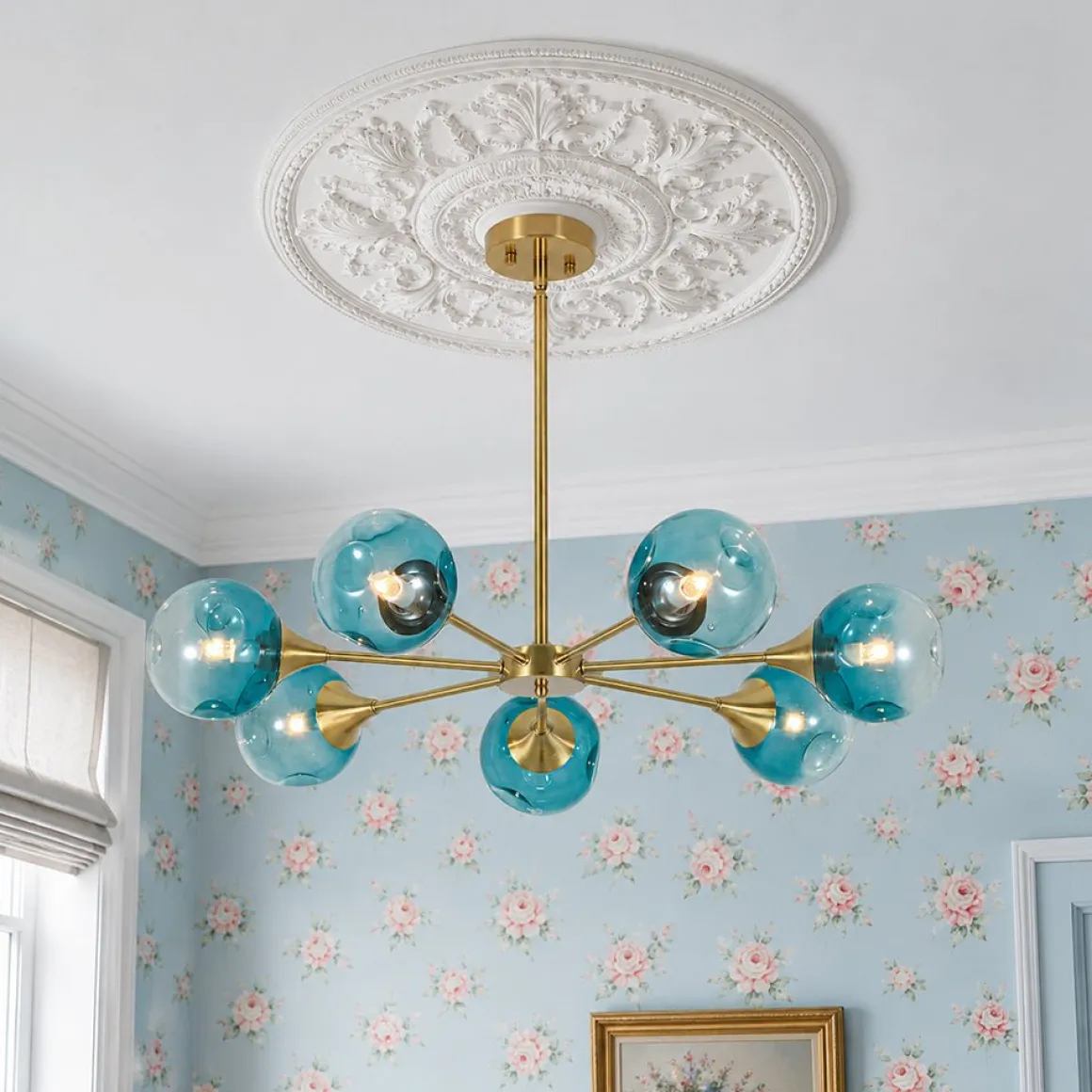 7-light Gradient Blue Glass Globe Round Sputnik Chandelier