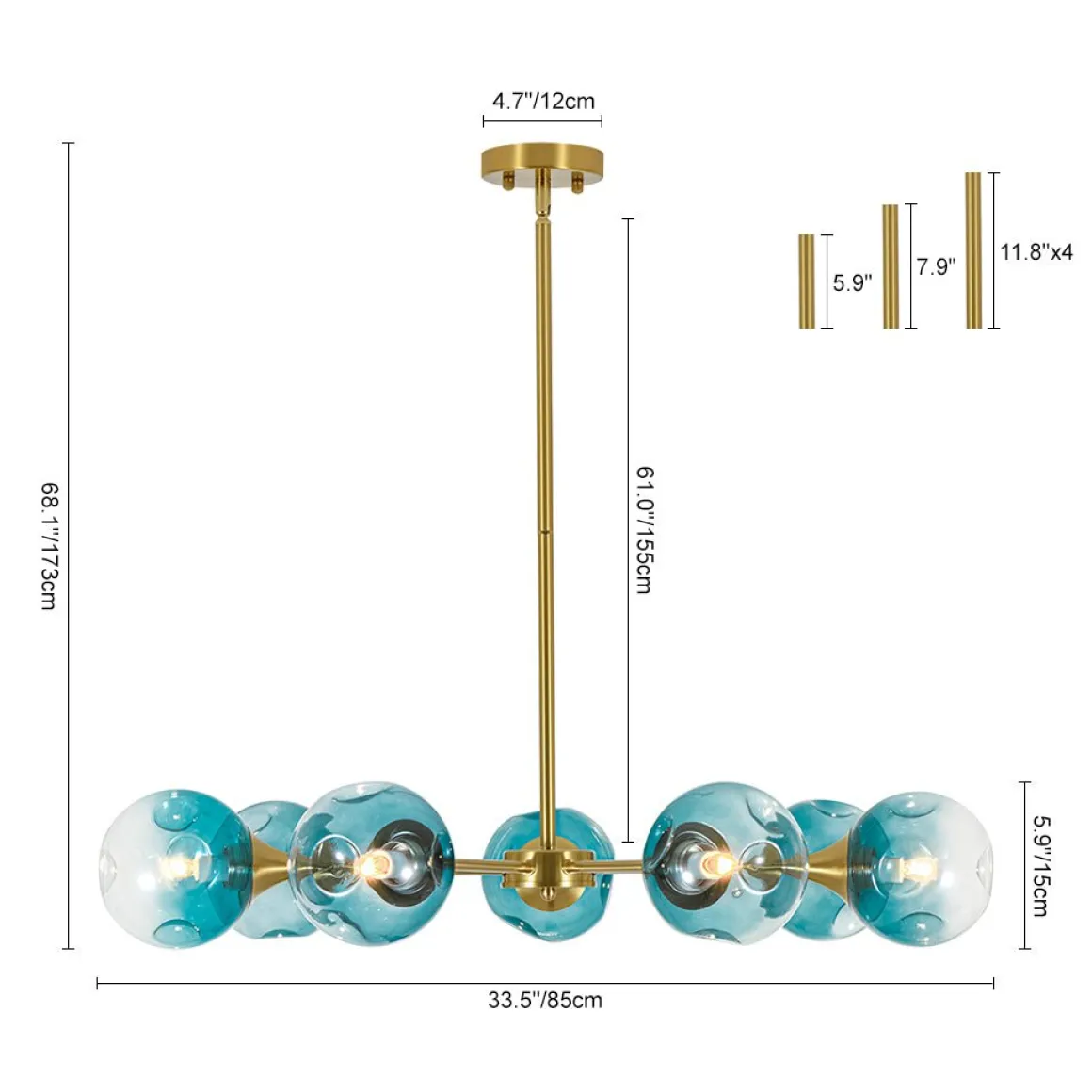 7-light Gradient Blue Glass Globe Round Sputnik Chandelier