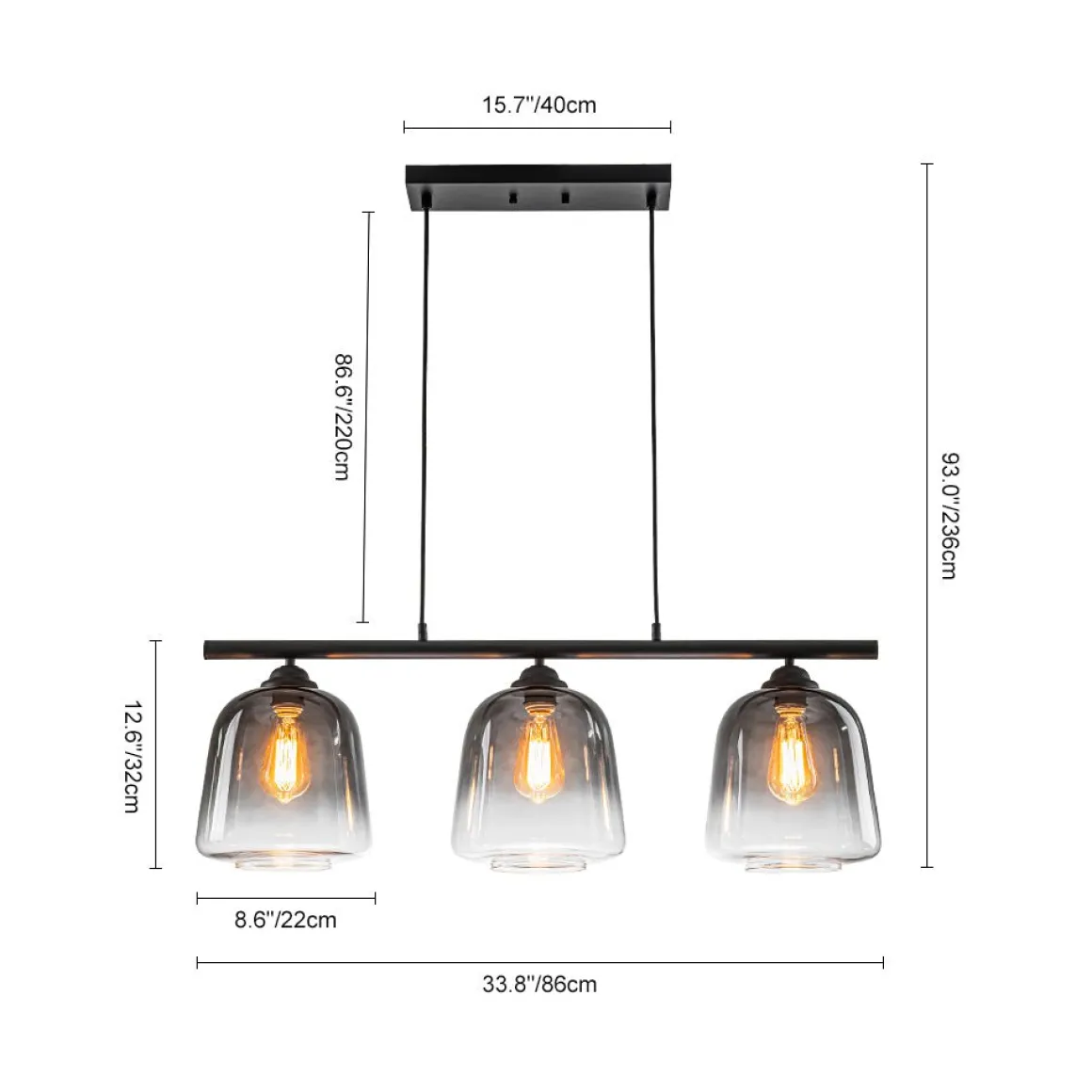 3-Light Gradual Smoked Glass Shade Linear Island Pendant