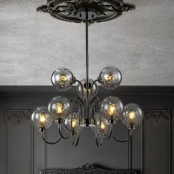 9-Light Hammered Smoked Glass Bubble Black Sputnik Chandelier