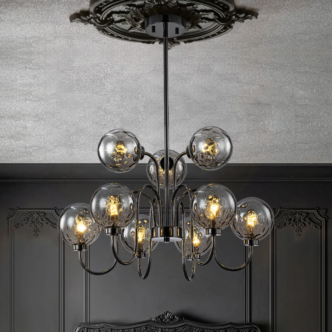 9-Light Hammered Smoked Glass Bubble Black Sputnik Chandelier