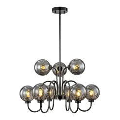 9-Light Hammered Smoked Glass Bubble Black Sputnik Chandelier