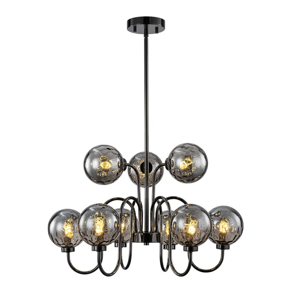 9-Light Hammered Smoked Glass Bubble Black Sputnik Chandelier