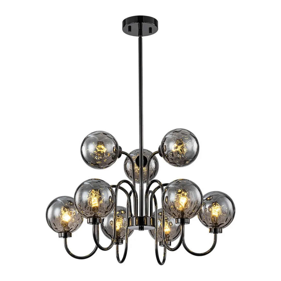 9-Light Hammered Smoked Glass Bubble Black Sputnik Chandelier