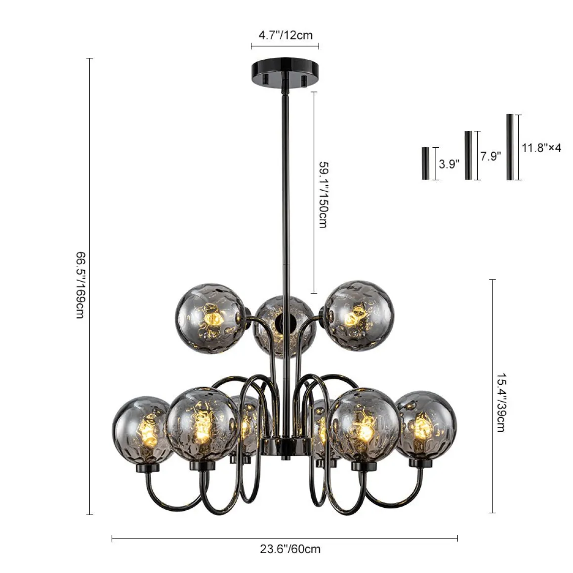 9-Light Hammered Smoked Glass Bubble Black Sputnik Chandelier