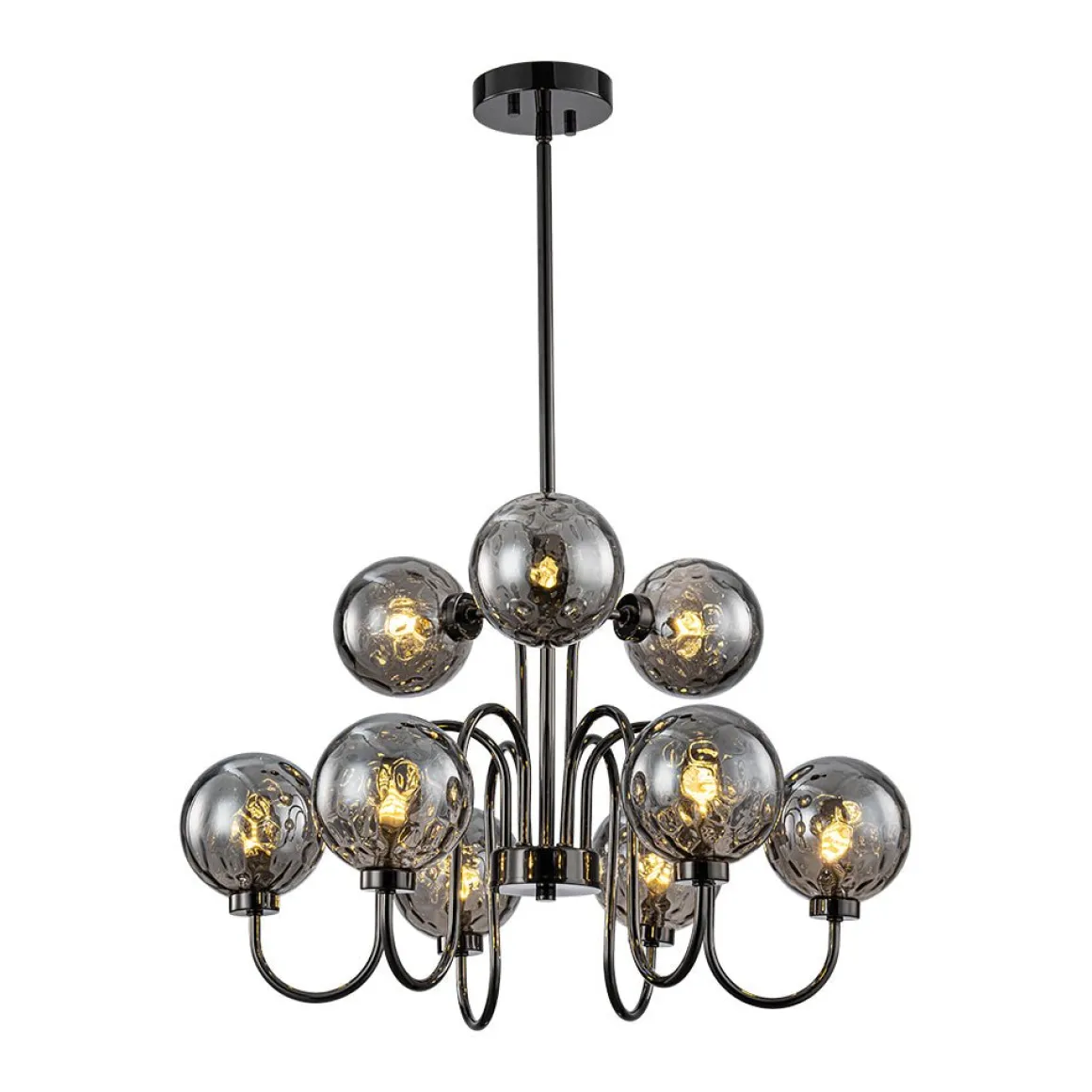 9-Light Hammered Smoked Glass Bubble Black Sputnik Chandelier
