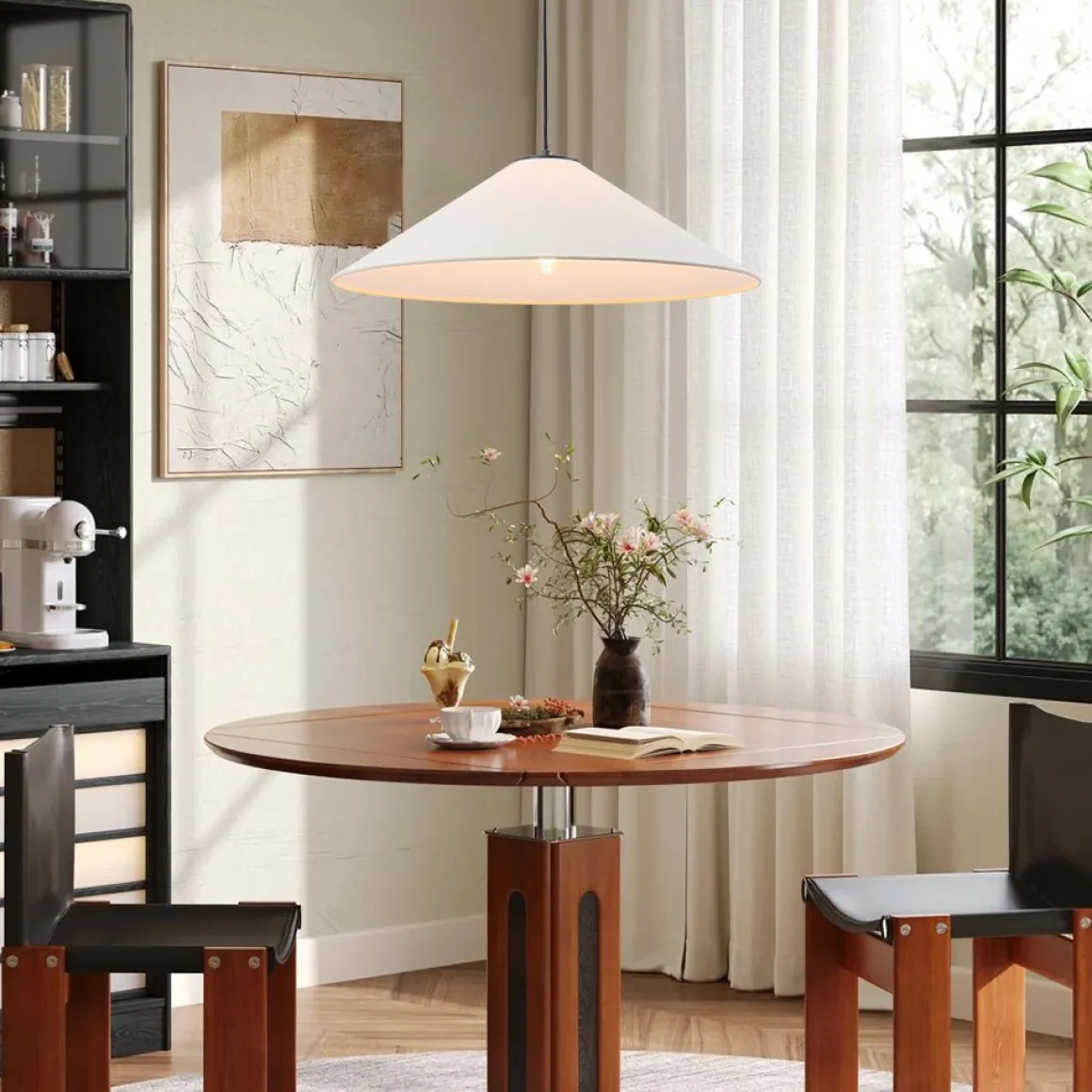 1-Light Large White Linen Shallow Conical Cage Pendant