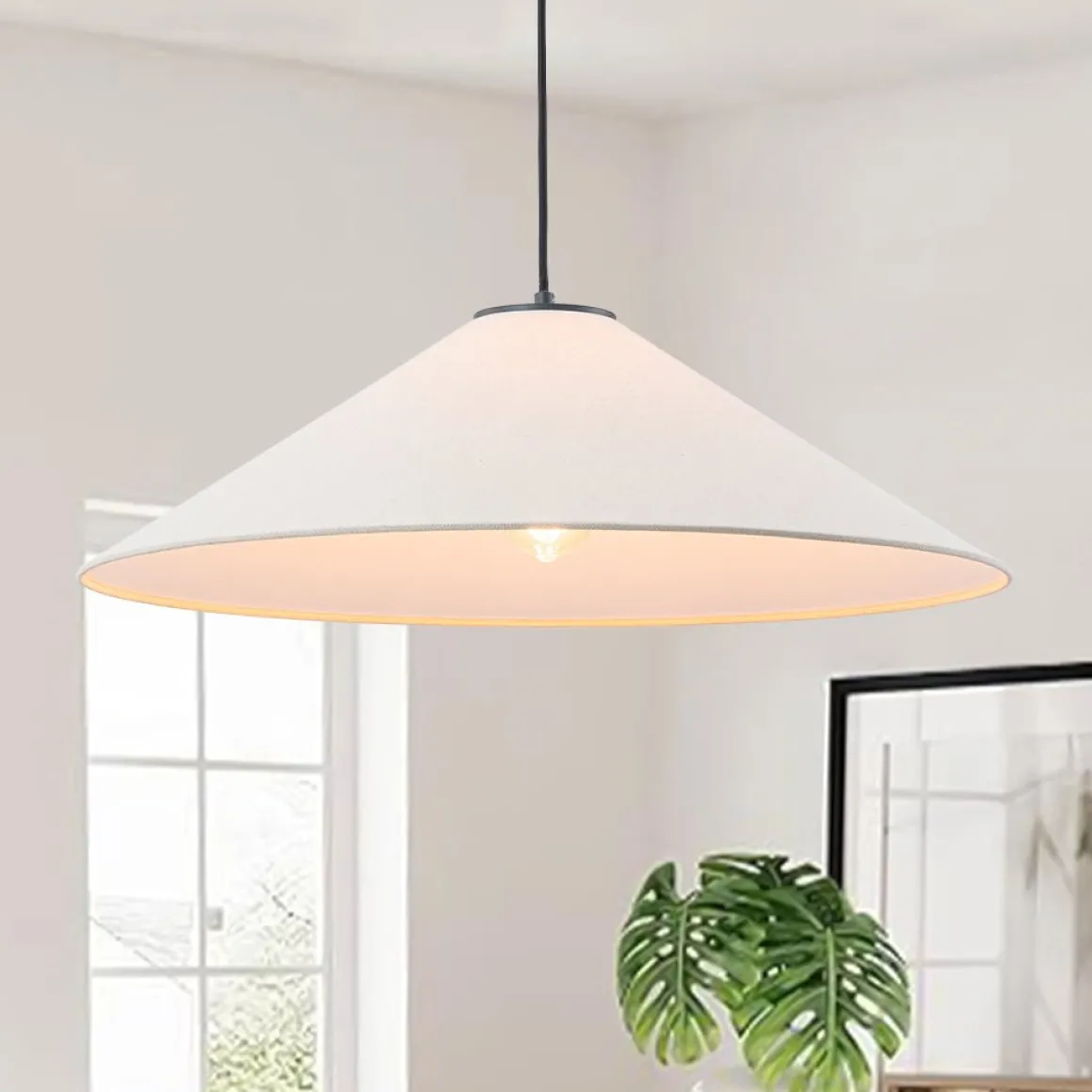 1-Light Large White Linen Shallow Conical Cage Pendant