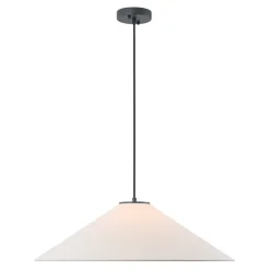 1-Light Large White Linen Shallow Conical Cage Pendant