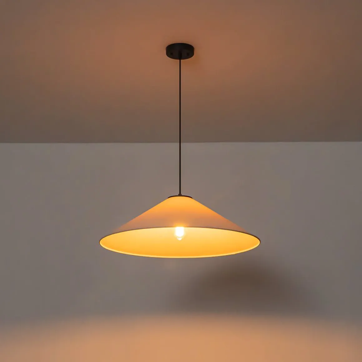 1-Light Large White Linen Shallow Conical Cage Pendant