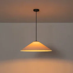 1-Light Large White Linen Shallow Conical Cage Pendant