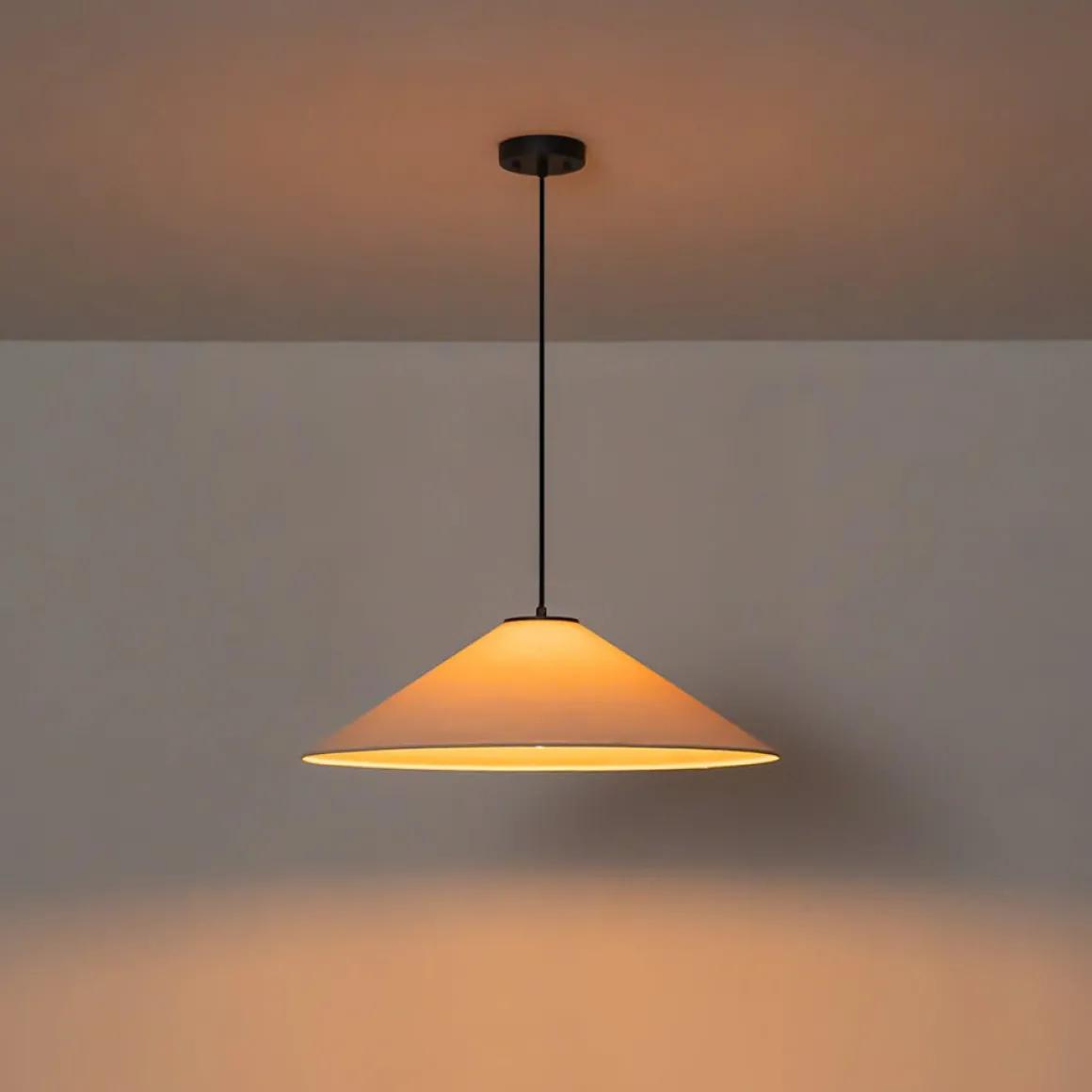1-Light Large White Linen Shallow Conical Cage Pendant