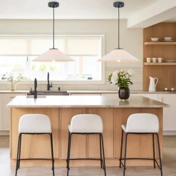 1-Light Large White Linen Shallow Conical Cage Pendant