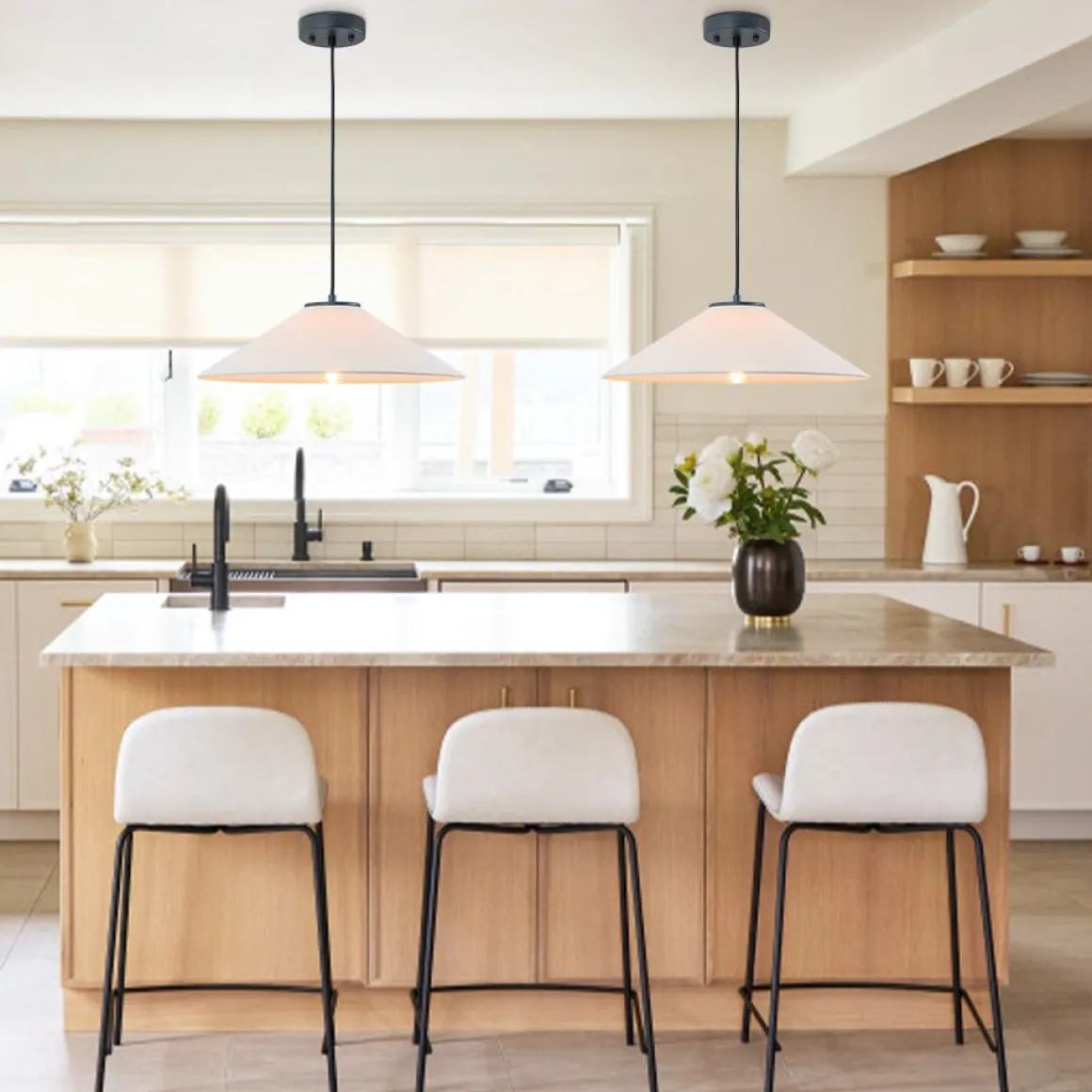 1-Light Large White Linen Shallow Conical Cage Pendant