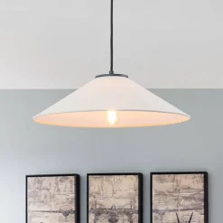 1-Light Large White Linen Shallow Conical Cage Pendant