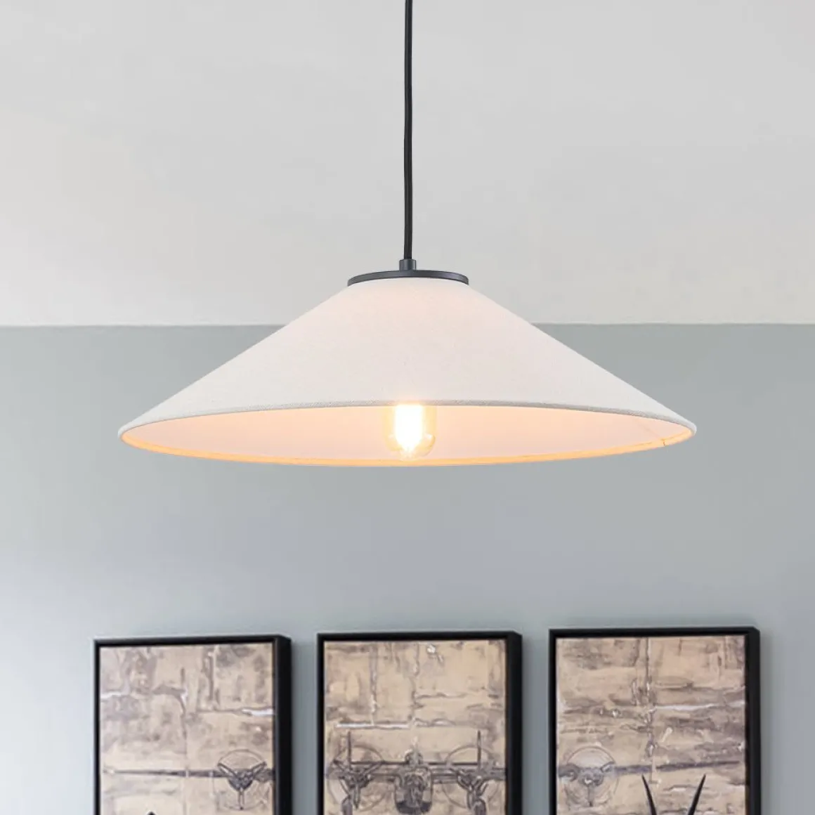 1-Light Large White Linen Shallow Conical Cage Pendant