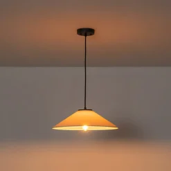 1-Light Large White Linen Shallow Conical Cage Pendant