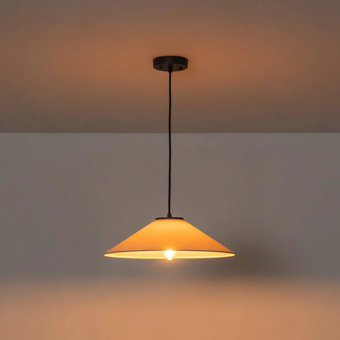 1-Light Large White Linen Shallow Conical Cage Pendant