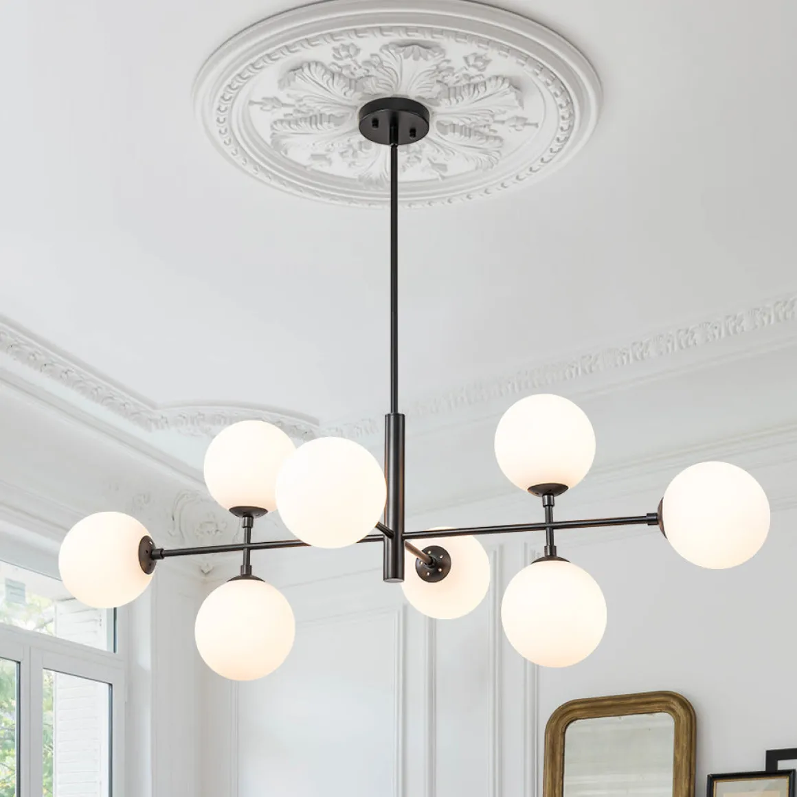 8-Light Linear Sputnik Frosted Glass Globe Chandelier
