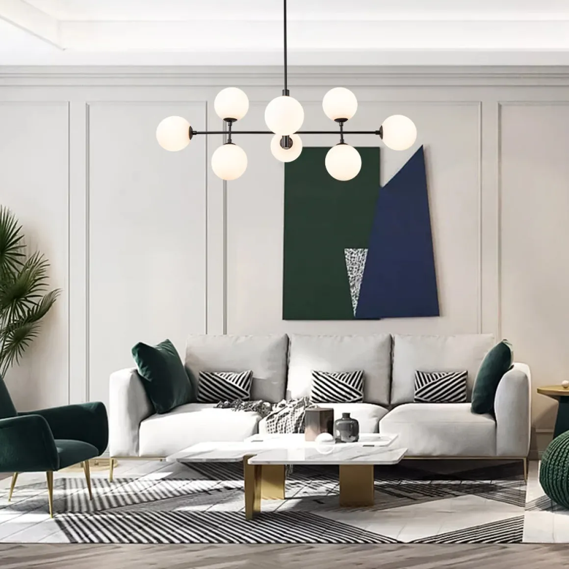 8-Light Linear Sputnik Frosted Glass Globe Chandelier