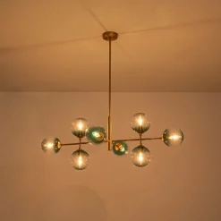 8-Light Linear Sputnik Tinted Blue Glass Bubble Chandelier