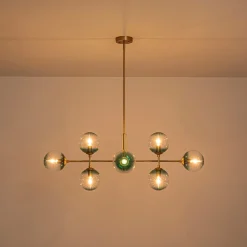 8-Light Linear Sputnik Tinted Blue Glass Bubble Chandelier