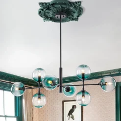 8-Light Linear Sputnik Tinted Blue Glass Bubble Chandelier