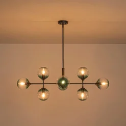 8-Light Linear Sputnik Tinted Blue Glass Bubble Chandelier