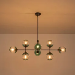 8-Light Linear Sputnik Tinted Blue Glass Bubble Chandelier