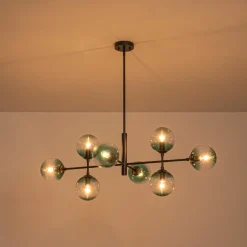 8-Light Linear Sputnik Tinted Blue Glass Bubble Chandelier