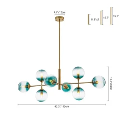8-Light Linear Sputnik Tinted Blue Glass Bubble Chandelier