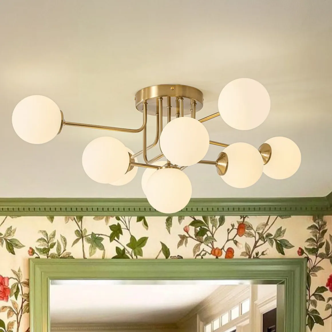 9-Light Opal Glass Bubble Sputnik Semi Flush Chandelier