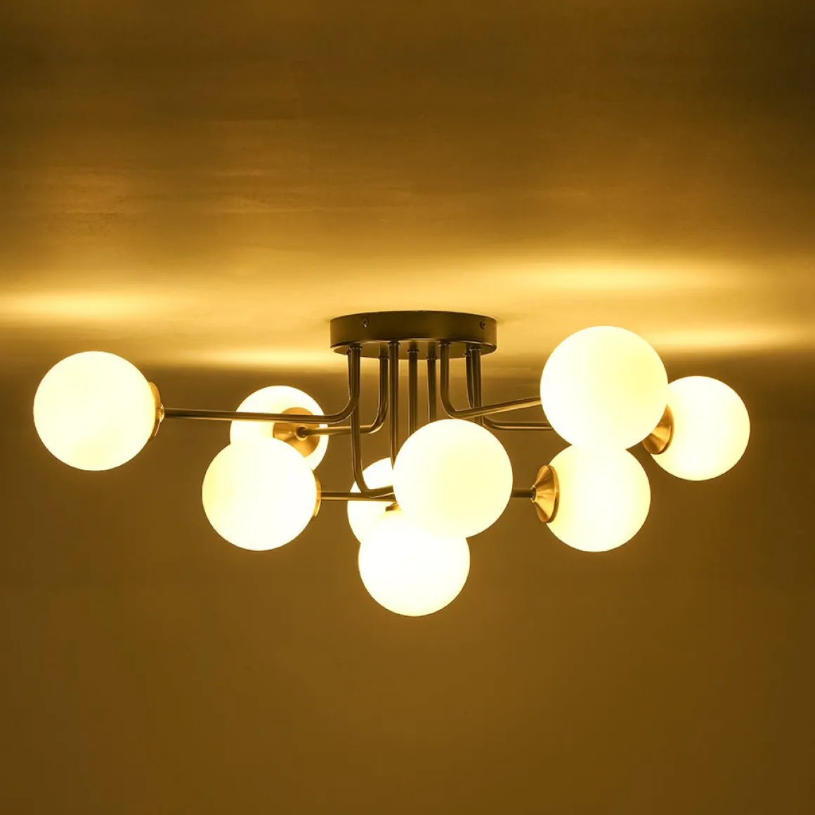 9-Light Opal Glass Bubble Sputnik Semi Flush Chandelier