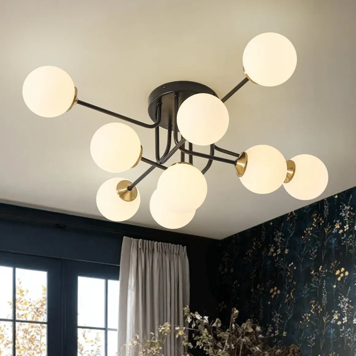 9-Light Opal Glass Bubble Sputnik Semi Flush Chandelier